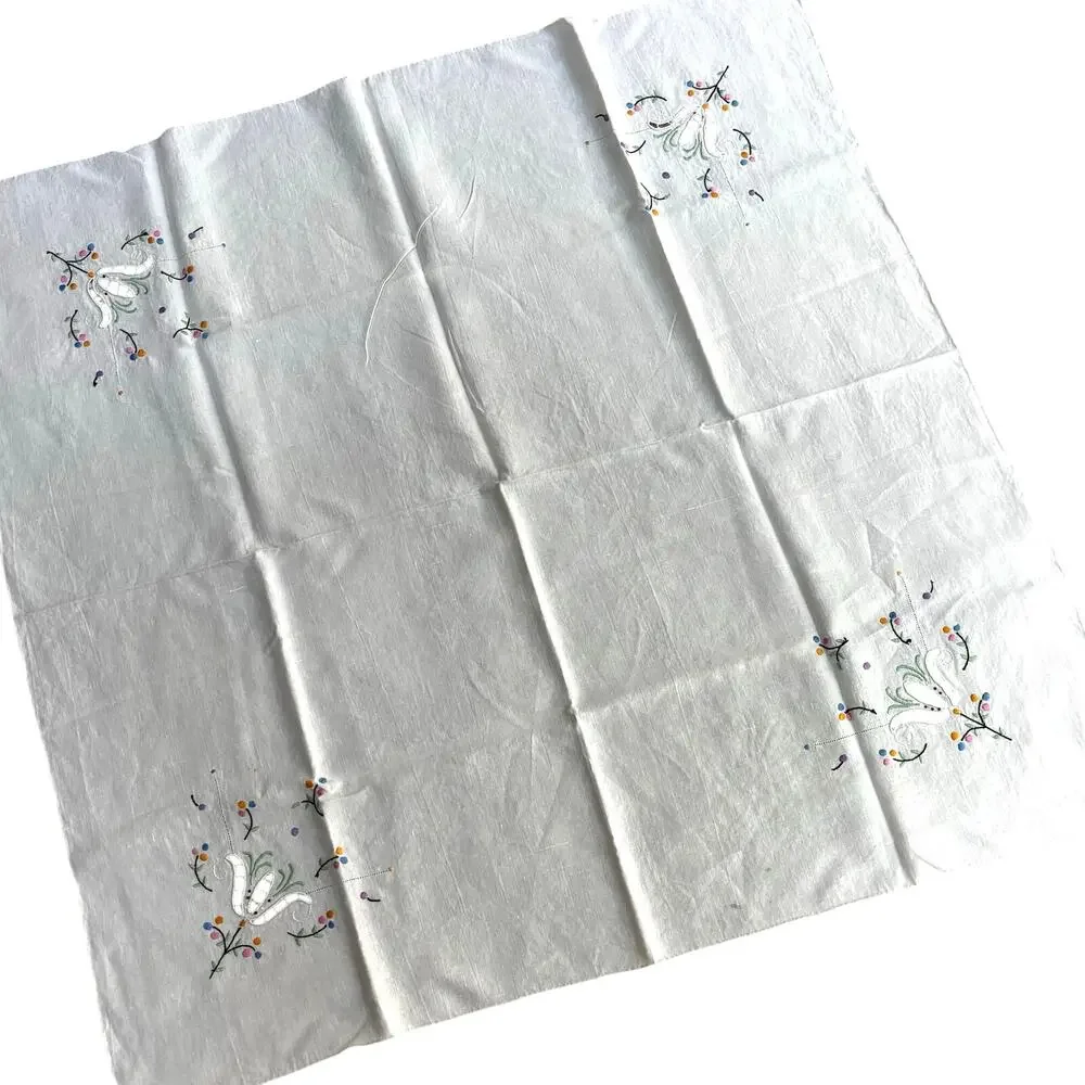 Vintage linen blend tablecloth topper embroidery cutwork creamy white square